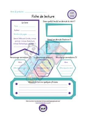 Modèle de fiche de lecture pour le CE1 - CE2 à imprimer en PDF