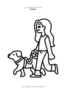 Coloriage dame qui promène chien