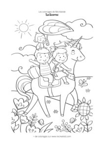 Coloriage enfants sur une licorne