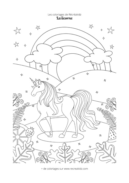 Coloriage licorne arc-en-ciel forêt enchantée