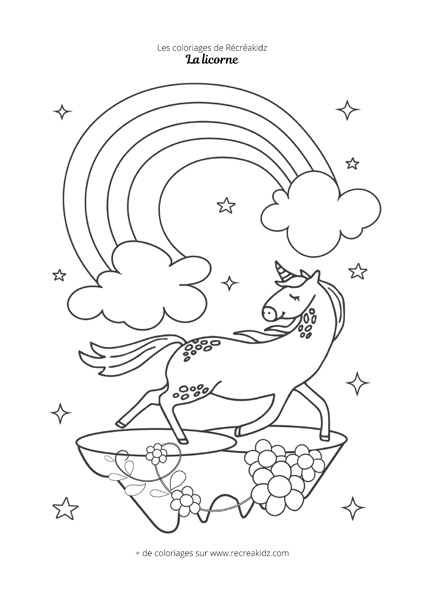 Coloriage licorne arc-en-ciel en noir et blanc