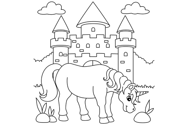 Coloriage licorne château à imprimer