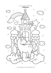 Coloriage licorne château arc-en-ciel kawaii