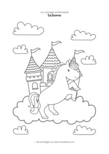 Coloriage licorne et château dans le ciel