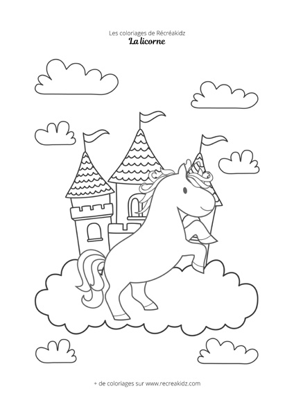 Coloriage licorne et château dans le ciel