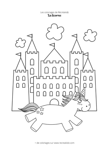 Coloriage licorne château facile