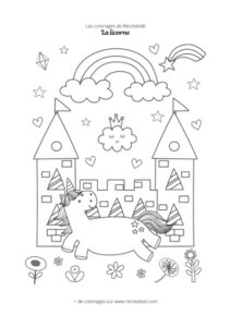 Coloriage licorne château maternelle