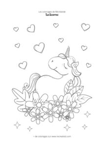 Coloriage licorne cœurs et fleurs