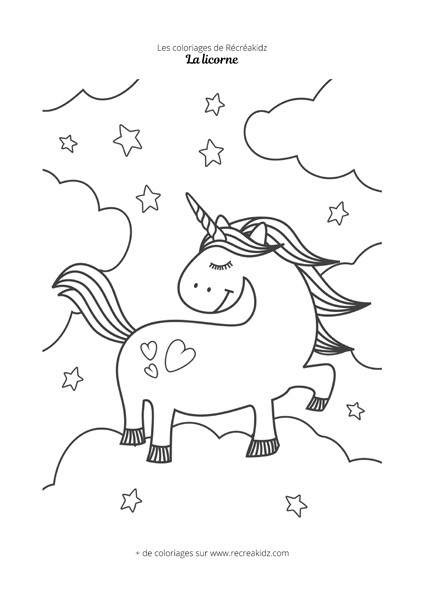 Coloriage licorne dans le ciel