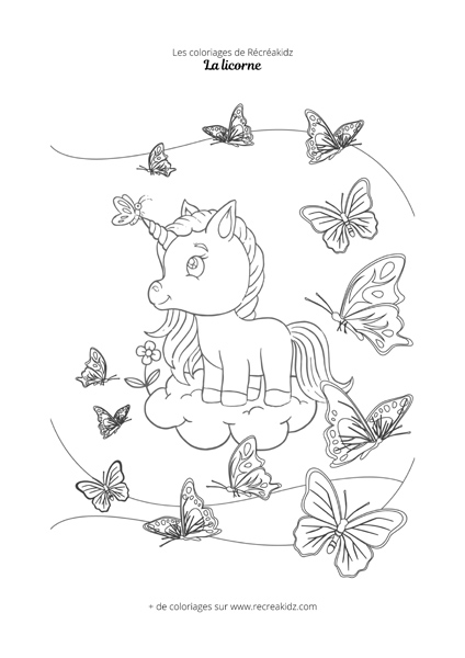 Coloriage licorne et papillons