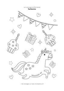 Coloriage licorne fête et cadeaux