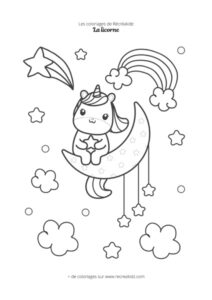 Coloriage licorne kawaii dans un ciel avec des étoiles