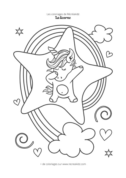 Coloriage licorne kawaii et étoile