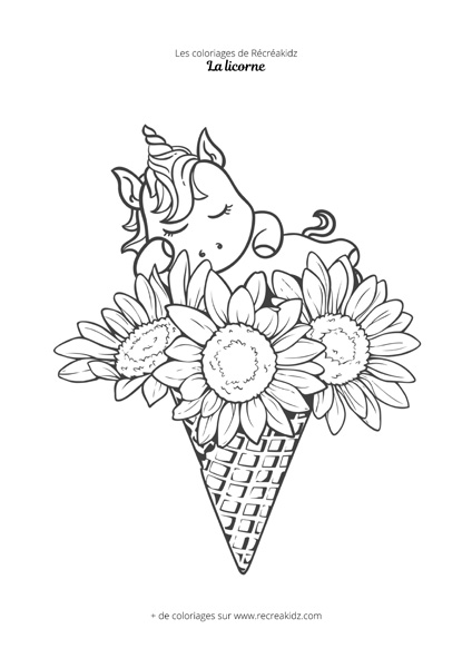 Coloriage licorne kawaii glace et fleurs