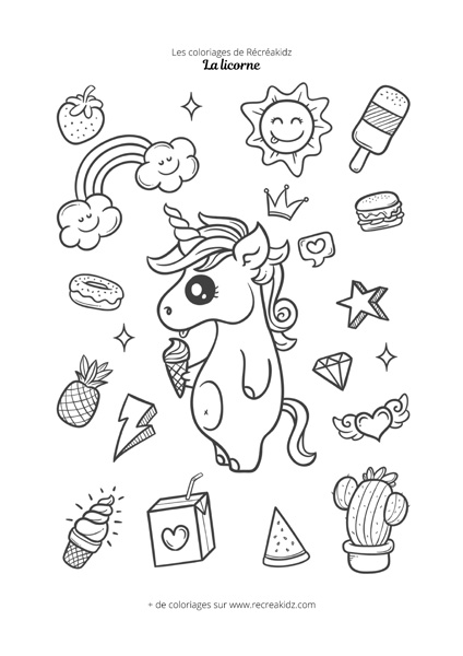 Coloriage licorne kawaii qui mange une glace