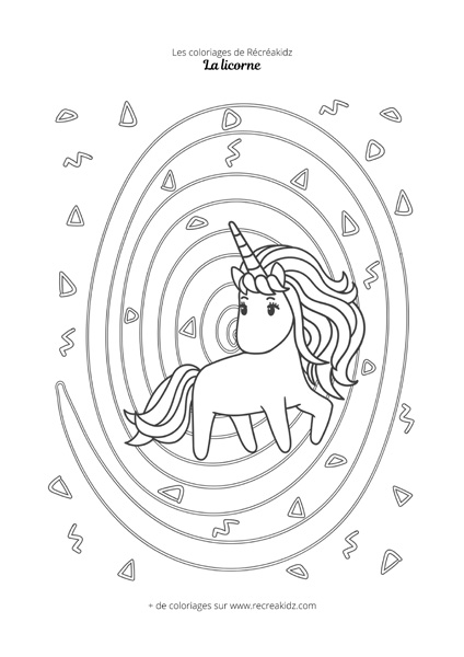 Coloriage licorne kawaii et vortex