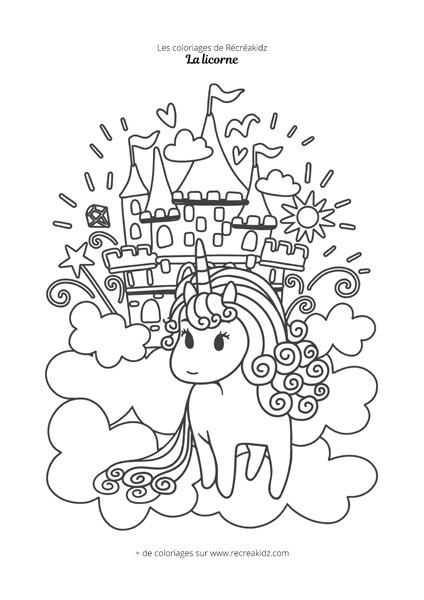 Coloriage licorne mignonne devant un château