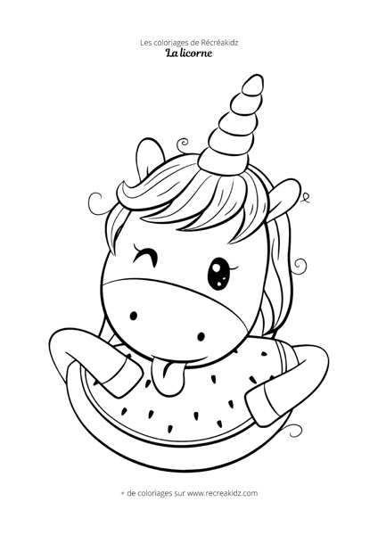 Coloriage licorne qui mange une pastèque