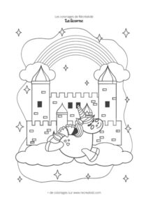 Coloriage licorne volante château arc-en-ciel