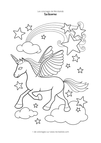 Coloriage licorne volante dans les nuages