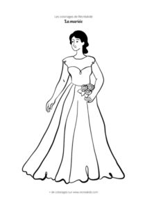 Coloriage femme mariée avec bouquet