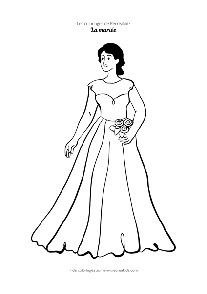 Coloriage femme mariée avec bouquet