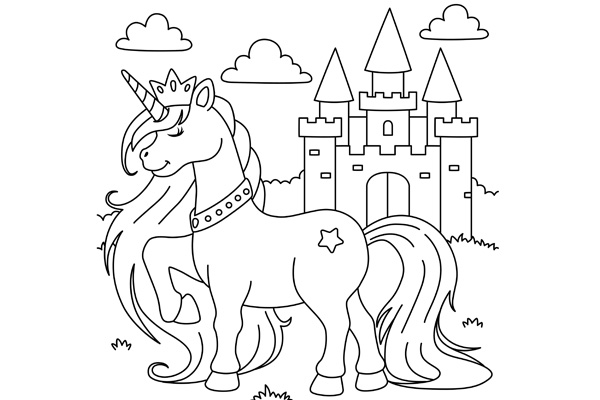 Dessin licorne château à colorier