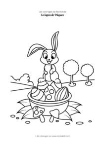 Coloriage lapin de Pâques à la campagne