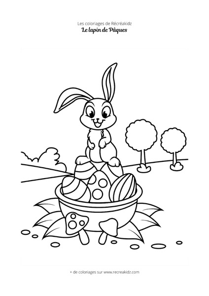 Coloriage lapin de Pâques à la campagne