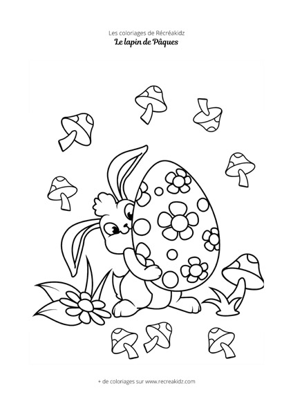 Coloriage lapin de Pâques et champignons