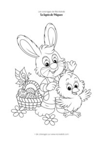 Coloriage lapin de Pâques et poussin