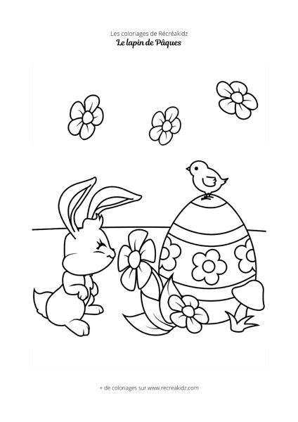 Coloriage lapin de Pâques et oiseau