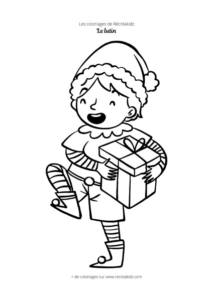 Coloriage lutin de Noël avec cadeau