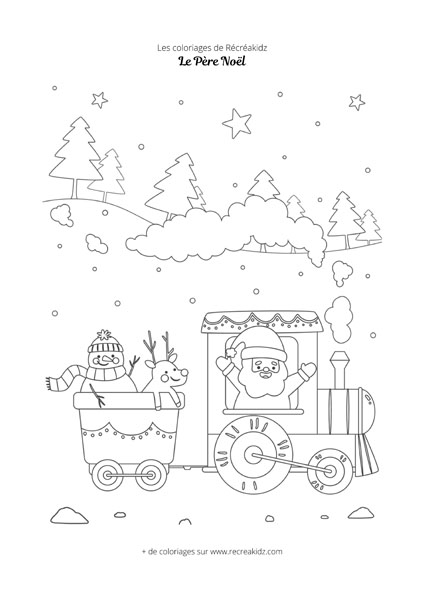 Coloriage Père Noël dans un train