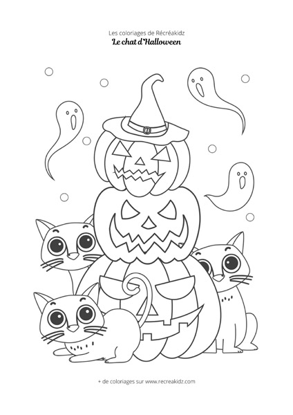 Coloriage chat Halloween avec citrouilles