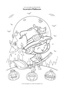 Coloriage sorcière Halloween avec chat