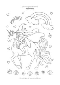 Coloriage sorcière et licorne