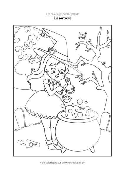 Coloriage sorcière qui prépare une potion