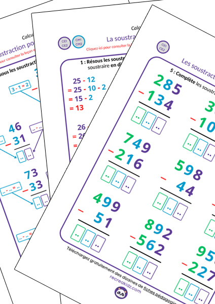 Fiche exercices soustraction CE1 - CE2 à imprimer en pdf