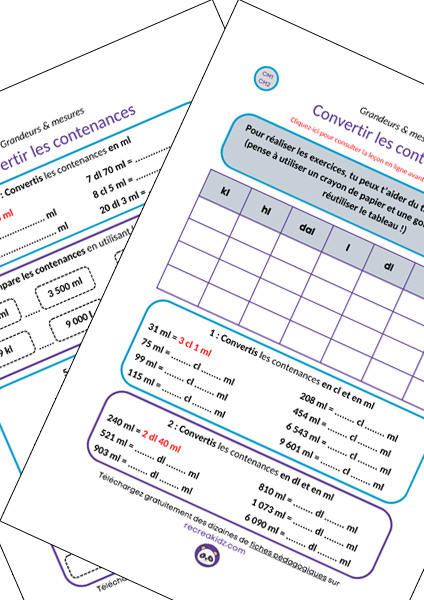 Fiche exercices convertir les contenances CE2 - CM1 - CM2 à imprimer en pdf