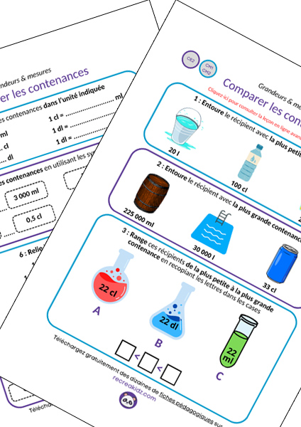 Fiche exercices mesurer comparer les contenances CE2 - CM1 - CM2