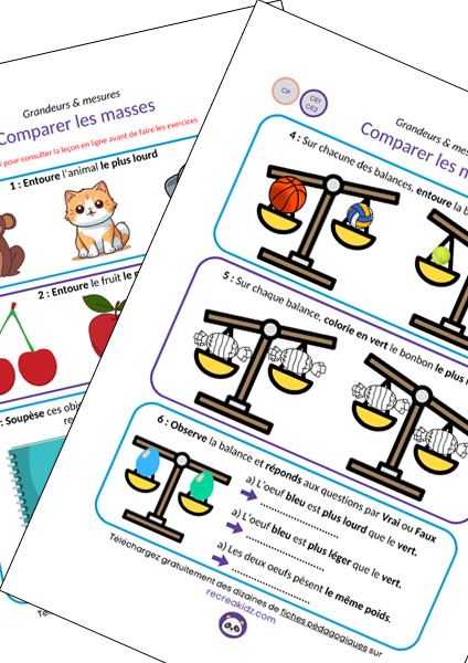 Fiche exercices mesurer comparer les masses CP CE1 CE2 à imprimer en pdf
