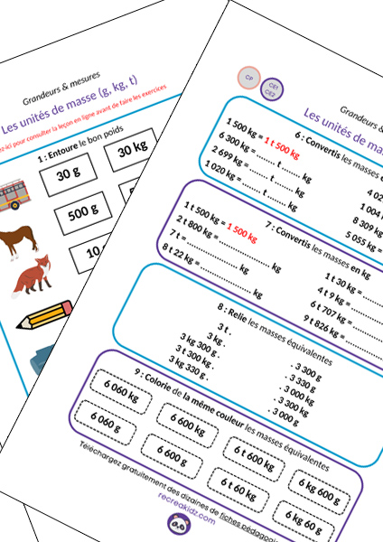 Fiche exercices unités de masse CP - CE1 - CE2 à imprimer pdf