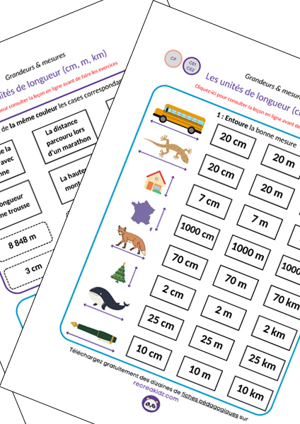 Fiche exercices unités de longueur cm m km CP CE1 CE2