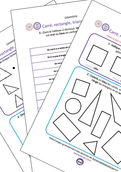 Fiche d'exercices carré rectangle triangle cercle CP - CE1 - CE2 à imprimer en pdf