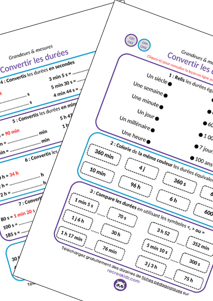 Fiche exercices convertir les durées CE1 - CE2 - CM1 - CM2 à imprimer en pdf