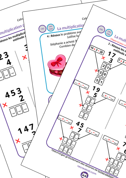 Fiche exercices multiplication posée à un chiffre CE2 - CM1 - CM2 à imprimer en pdf