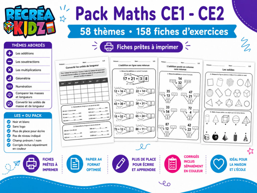 Pack Fiches Maths CE1-CE2 Récréakidz