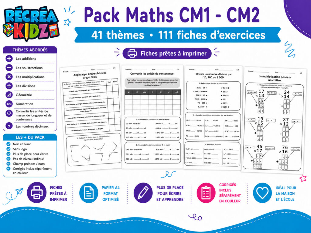 Pack Fiches Maths CM1-CM2 Récréakidz